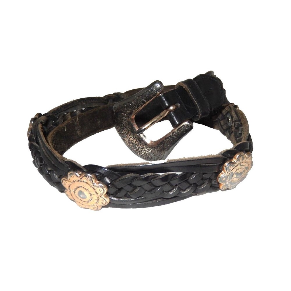 Vintage Fossil Braided Leather Western Belt With Conchos Black Women's 31-33